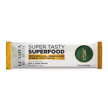 Luxoya Super Tasty Superfood Spirulinát és Zöld Búzafüvet tartalmazó italpor 120 g minta