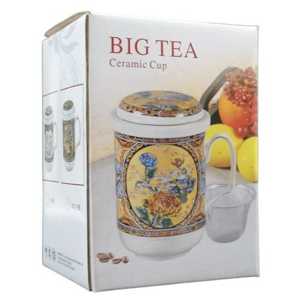 Porcelán teásbögre 330ml BIG TEA 4 féle mintával, peremes tetővel + fém szűrővel